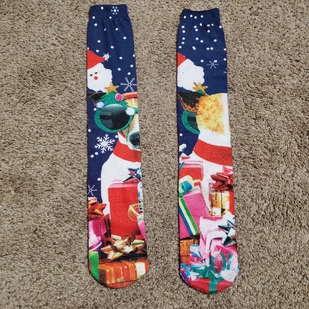 Christmas Holiday Women's Dog Presents Santa Knee High Socks 1 Pair